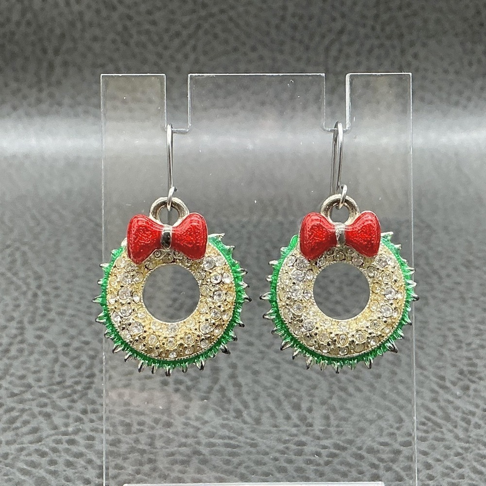 Christmas Wreath Earrings Women Red Bow Green Enamel Rhinestone Dangle Drop Hook